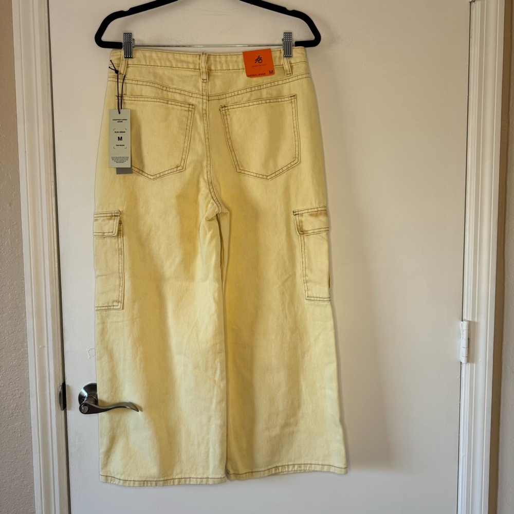 New American Bazi CROPPED CARGO JEANS In TAN WASH Yellow Wide Leg Women’s Size M - Picture 2 of 11